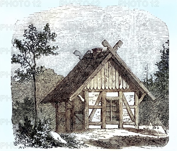 Small farmhouse in Norway, around 1889 / kleines Bauernhaus in Norwegen, um 1889, Historisch, historical, digital improved reproduction of an original from the 19th century / digital reproduction of an original from the 19th century