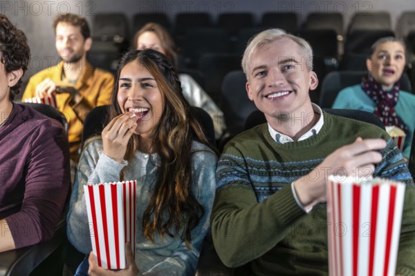 Young couple enjoying a movie at the cinema, eating popcorn and smiling, surrounded by other people