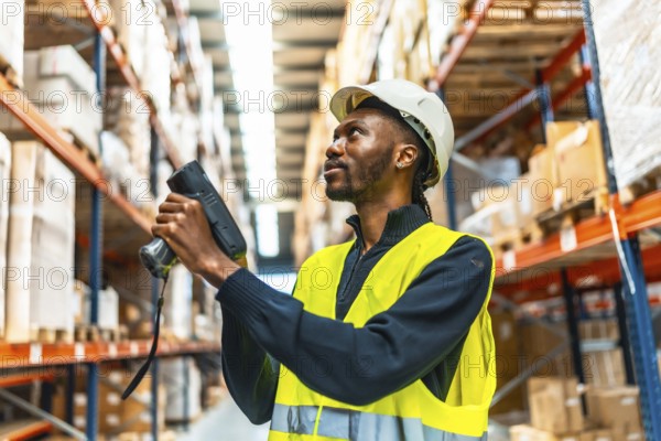 African man using a wireless scan to do inventory in a warehouse