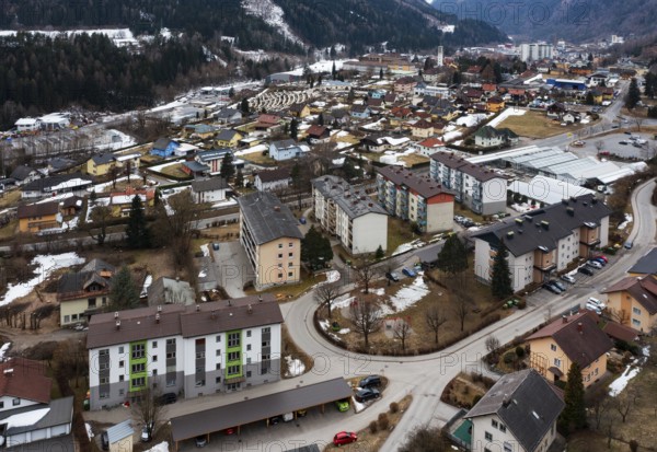 Drone image, residential buildings, view of town, Radenthein, Gegendtal, Carinthia, Austria, Europe