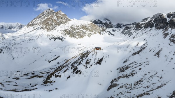 Aerial view, Piz Jenatsch and Piz Picuogl, winter in the mountains, Chamanna Jenatsch CAS, Swiss Alpine Club hut, Val Beve, Graubünden, Switzerland, Europe