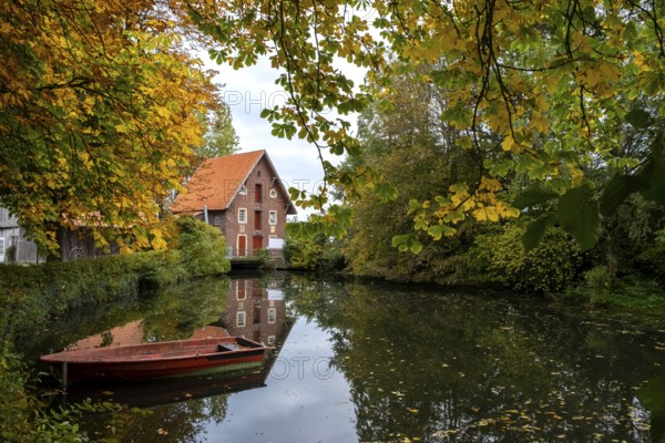 Historic watermill, Düstermühle on the River Dinkel, Legden, Münsterland, North Rhine-Westphalia, Germany, Europe