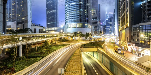 Hong Kong at night traffic panorama with streets and skyscrapers in Hong Kong, China, Asia