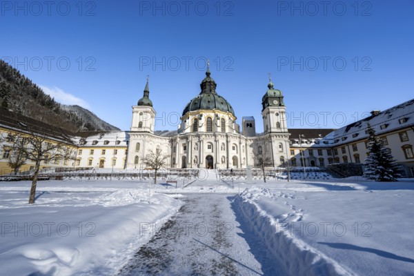 Ettal Abbey, baroque Benedictine abbey, inner courtyard with snow in winter, Ettal, Upper Bavaria, Bavaria, Germany, Europe