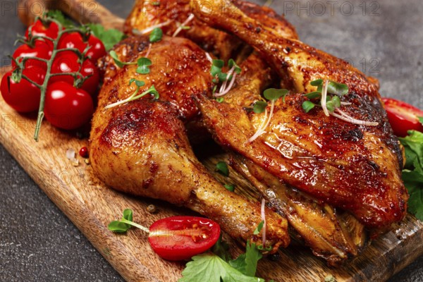 Grilled fried chicken legs, served with fresh cherry tomatoes, and herbs, on a wooden chopping board, homemade, no people