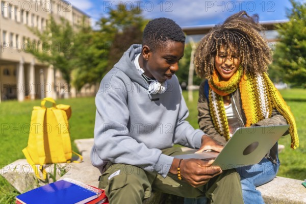 Multi-ethnic male and female students using laptop together sitting outside the campus in a sunny day