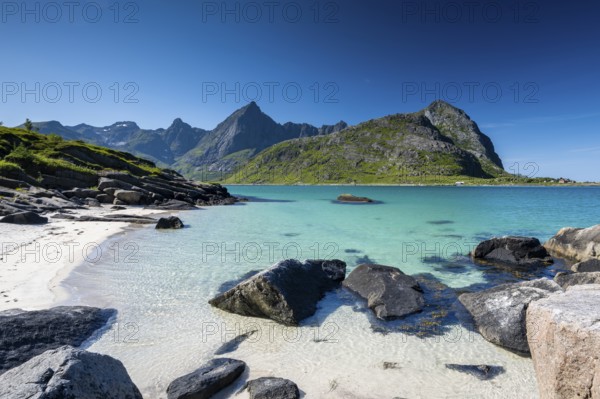 Sandy beach beach and turquoise sea, Flakstadoya, Lofoten, Norway, Europe