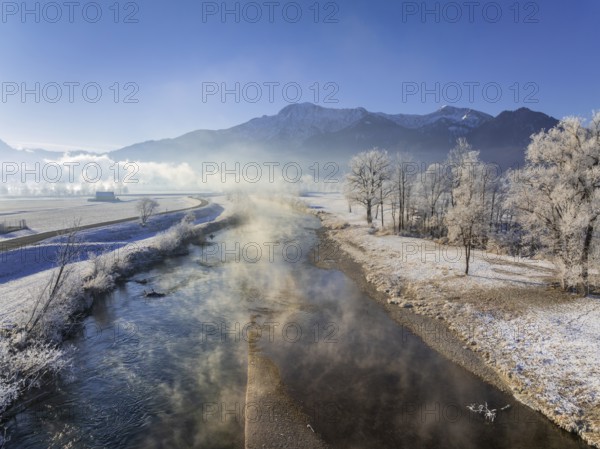 River, morning light, fog, hoarfrost, mountains, winter, snow, aerial view, Loisach, view of Herzogstand, Heimgarten, Alpine foothills, Bavaria, Germany, Europe