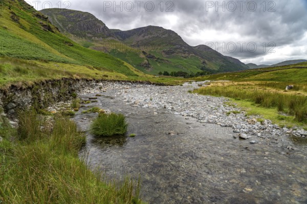 River landscape at Honister Pass in the Lake District, England, Great Britain