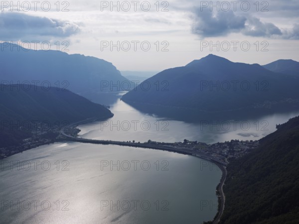 View of Lake Lugano from Monte San Salvatore, Canton Ticino, Switzerland, Europe