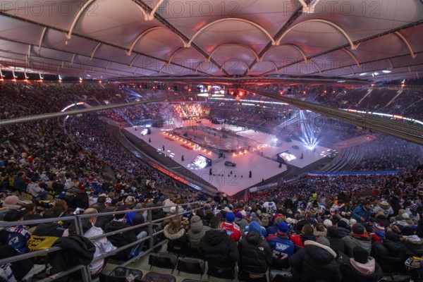 DEL, German Ice Hockey League season 2024/25, Matchday 27 (catch-up game) : DEL Winter Game Löwen Frankfurt against Adler Mannheim. 45, 110 spectators attended the game at Deutsche Bank Park in Frankfurt