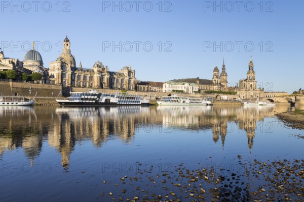City view with reflection in the Elbe, steamer of the Saxon Steamship Company, Academy of Fine Arts, Church of Our Lady, Secondary Residence, Ständehaus, Hausmannsturm, Court Church, Dresden, Saxony, Germany, Europe