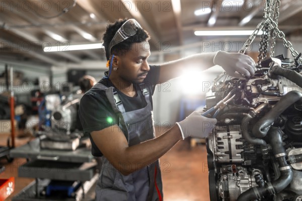 Young mechanic using pliers, repairing a car engine hanging from a chain hoist, inside a garage