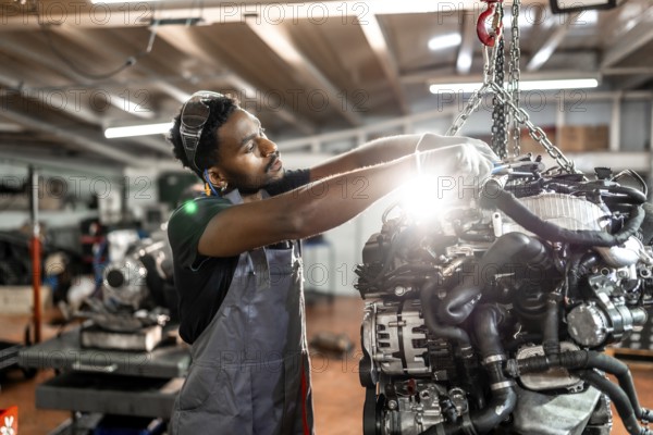 Skilled mechanic working diligently on a car engine while utilizing a crane in a modern auto repair shop, showcasing expertise and precision