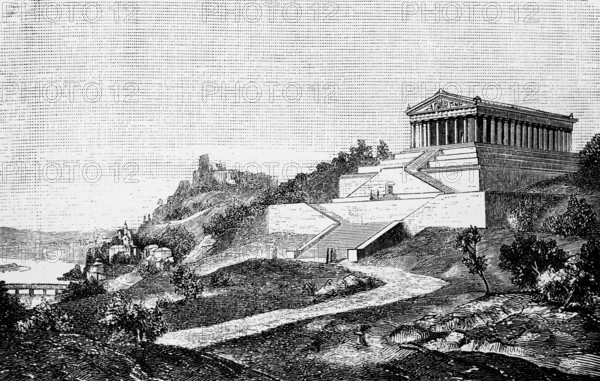 Temple of honour and memorial for German celebrities, Walhalla in Donaustauf, classicist architectural style, Bavaria King Ludwig I, mountain, stairs, architecture, travel, Germany, historical illustration 1885, Europe