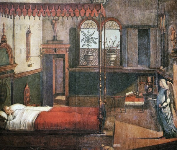 The Dream of St Ursula, saint, legendary figure without historical existence, painting by Vittore Carpaccio, digital reproduction of an original 19th century painting, historical, A lavishly furnished bedroom with an inviting red bed
