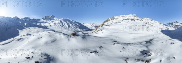 Alpine panorama, aerial view with Kesch hut, Alpine Club hut of the SAC in winter, Albula Alps, Grisons, Switzerland, Europe