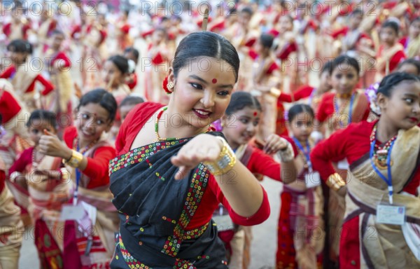 Participants with an instructor dance on the final day of a Bihu dance workshop ahead of Rongali Bihu Festival, in Guwahati, Assam, India on 12 April 2025