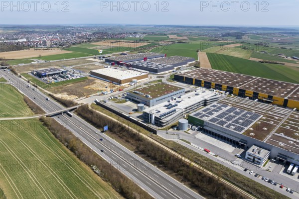 Giengen Industrial Park A7 (GIP A7) . New 40-hectare industrial estate of the town of Giengen directly on the A7 motorway and the federal road 492. Aerial view. Giengen an der Brenz, Baden-Württemberg, Germany, Europe