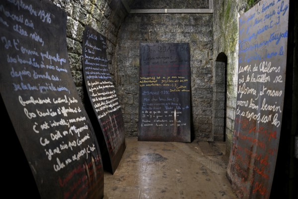 Plaques with sayings of soldiers, Fort de Douaumont, French fortress from the First World War, Verdun battlefield, Verdun, Grand Est region, France, Europe