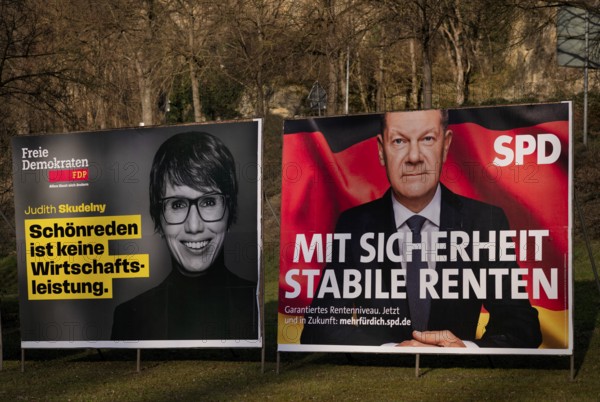 Election posters for the federal election on 23 February 2025, Judith Skudelny, FDP, with direct criticism of Federal Chancellor Olaf Scholz SPD, Schönreden, Ludwigsburg, Baden-Württemberg, Germany, Europe