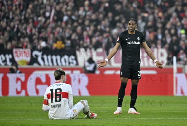 After Junior Adamu SC Freiburg SCF (20) fouls Atakan Karazor VfB Stuttgart (16), Adamu mimes the innocent angel gestureMHPArena, MHP Arena Stuttgart, Baden-Württemberg, Germany, Europe