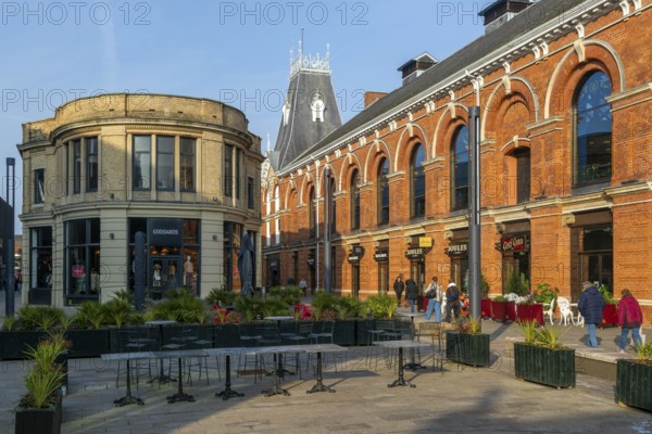 Shops in Cornhill Quarter shopping area in city centre, Lincoln, Lincolnshire, England, UK