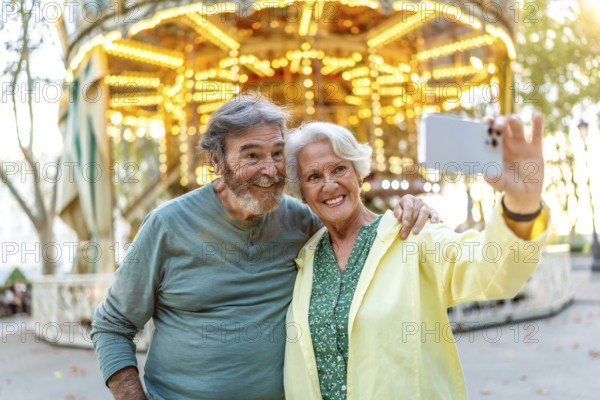 Cute smiling caucasian senior couple taking selfie in the city next to carousel