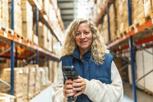 Frontal portrait of a caucasian woman holding a wireless scanner working in a distribution warehouse
