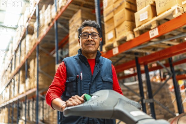 Low angle view portrait of a cheerful latin warehouse worker using machinery