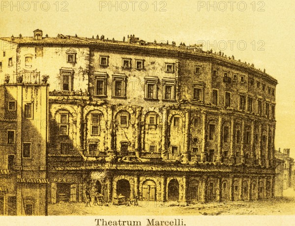 Theatrum Marcelli, theatre of M. Claudius Marcellus in the 19th century, ancient Rome, entertainment, leisure, drama, Italy, coloured historical illustration from 1882, Europe