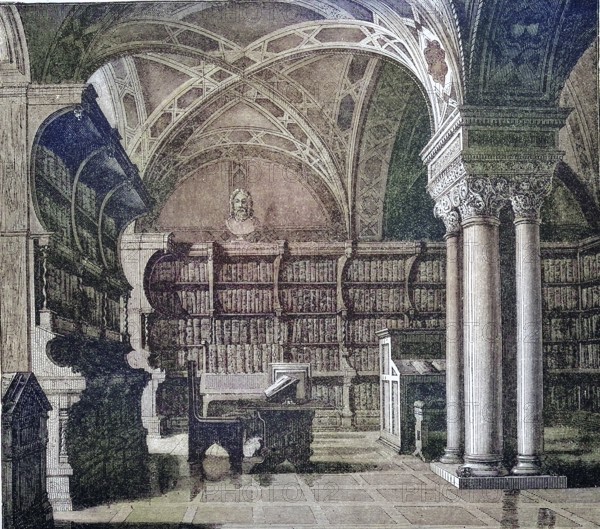 Hall of Incunabula in the Library of St. Petersburg, Russia, in 1875 / Saal der Incunabeln, Wiegendrucke, in der Bibliothek zu Sankt Petersburg, Russland, im Jahre 1875, Historisch, historical, digital improved reproduction of an original from the 19th century / digital reproduction of an original from the 19th century, Europe