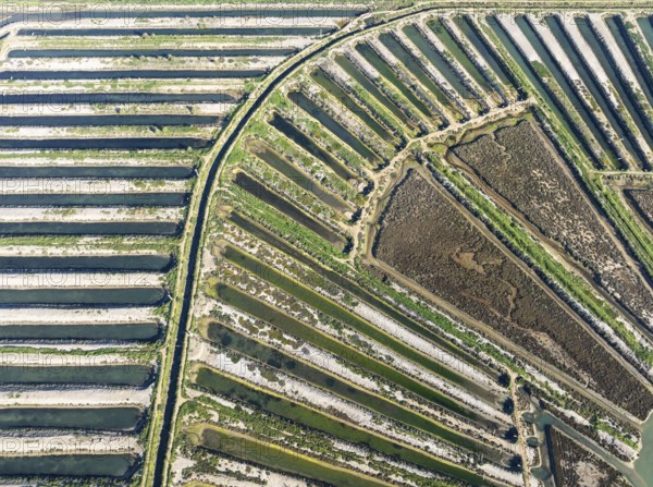 Saline ponds at the salt works of Isla Cristina. Aerial view. Drone shot. Huelva province, Andalusia, Spain, Europe