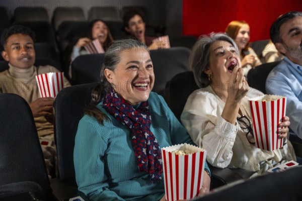 People of different ages laughing and eating popcorn while watching a movie in the cinema