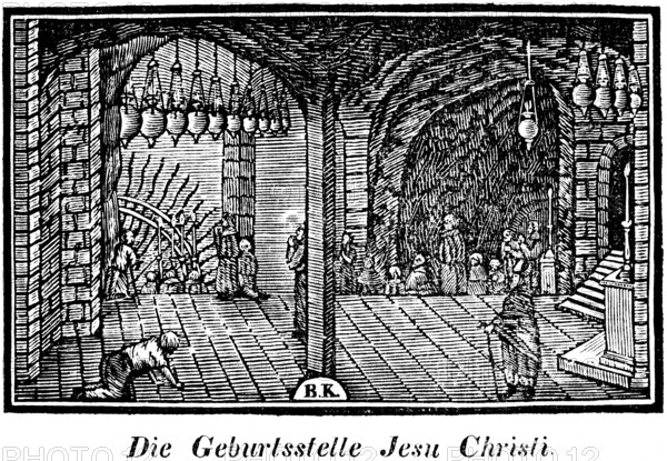 Church at Bethlehem, the birthplace of Jesus Christ, cellar grotto of the manger, woodcut, historical illustration, Christoph Schmid's Biblical History, the desecration of Palestine, supplementary volume 1836