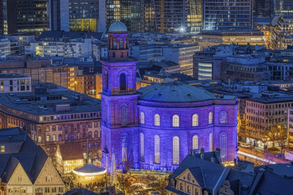 St Paul's Church in Frankfurt am Main will be illuminated in blue on 10 December 2023, International Human Rights Day. This commemorates the declaration of the UN Human Rights Charter of 10 December 1948, Römerberg, Frankfurt am Main, Hesse, Germany, Europe