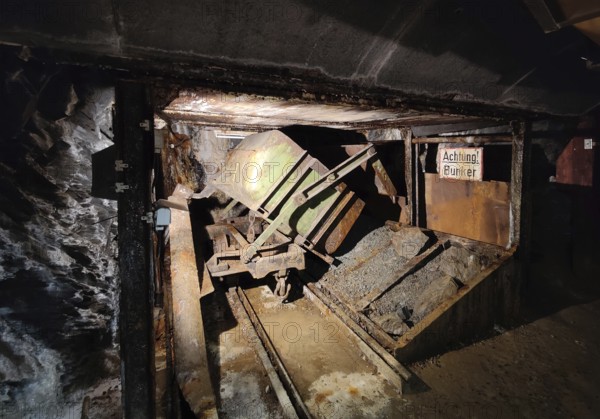Underground with the sign Achtung Bunker in the Rammelsberg ore mine, UNESCO World Heritage Site, Goslar, Lower Saxony, Germany, Europe