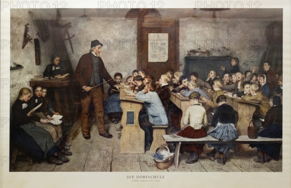 Village school from 1848, painting by Albert Anker, reproduction, Friedrichshafen School Museum, Friedrichshafen, Baden-Württemberg, Germany, Europe