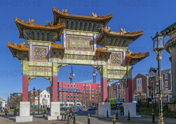 Chinese Paifang or Pailou archway entrance to Chinatown, Nelson Street, Liverpool, Merseyside, England, UK