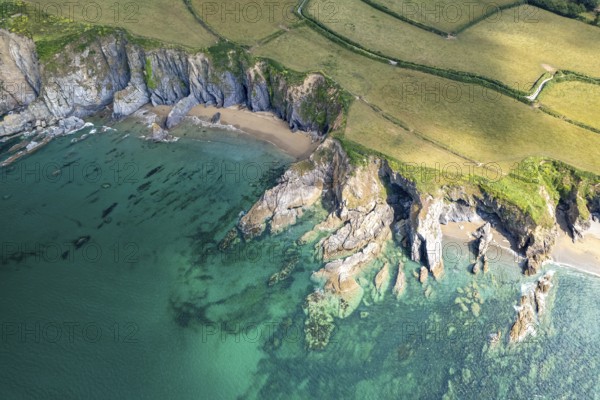 Hemmick Beach and the coast of St Austell seen from the air, Cornwall, England, United Kingdom, Europe