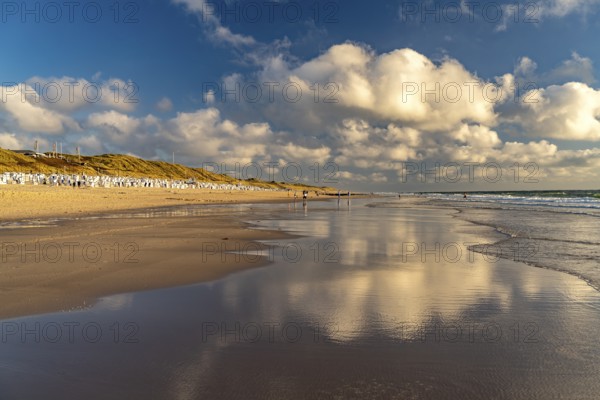 Clouds reflected in the water on the west beach near Westerland, island of Sylt, district of North Friesland, Schleswig-Holstein, Germany, Europe