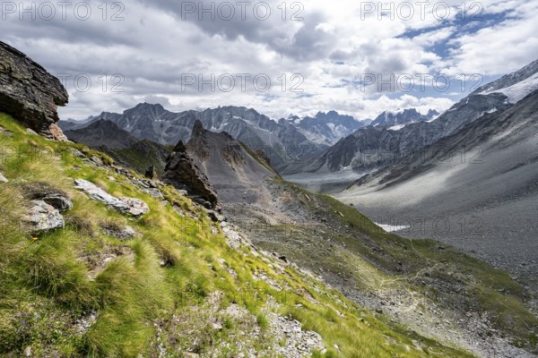 Mountain landscape, mountain panorama, ascent to Col de Riedmatten, behind summit Mont Blanc de Cheilon, Valais, Western Alps Switzerland