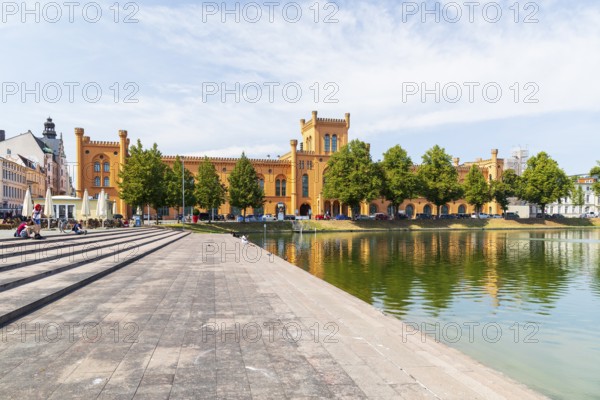 Stairs on the south bank of the Pfaffenteich, in the background the Arsenal, today the Ministry of the Interior, Schwerin, Mecklenburg-Vorpommern, Germany, Europe