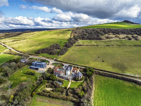 Farms over Swyre and West Bexington from a drone, West Bexington Nature Reserve, S W Coast Path, Dorchester, Dorset, England, United Kingdom, Europe