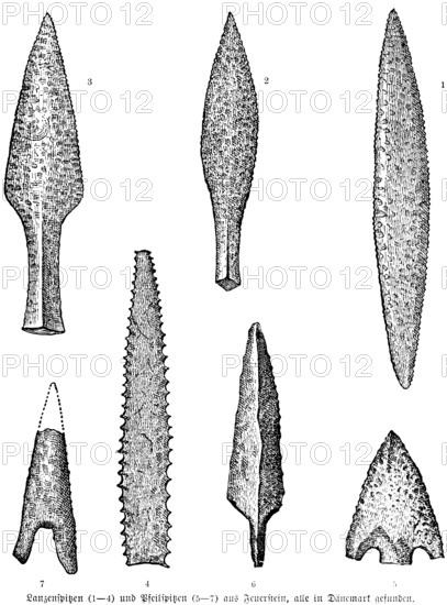 Flint weapons, spearheads (1-4) and arrowheads (5-7), archaeology, Stone Age, history of prehistoric mankind, Denmark, historical illustration 1880, Europe