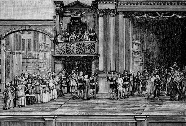 Performance of the Passion of Christ, Jesus in front of Pilate, Oberammergau Passion Play, stage, Oberammergau, journey, Germany, historical illustration 1885, Europe