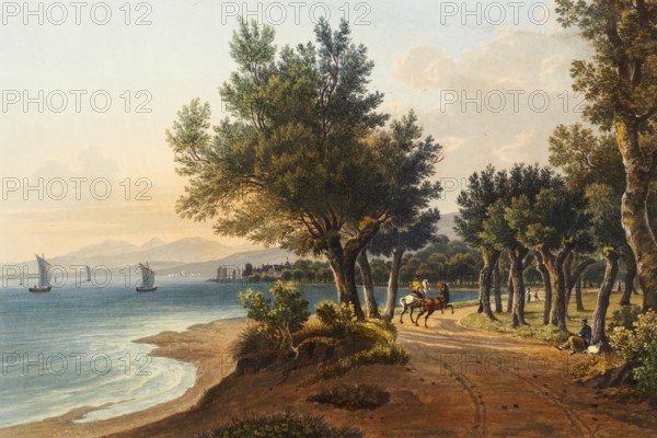 View between Arbon, Canton Thurgau, Switzerland and the municipality of Horn to Roschach at the harbour of Lake Constance, view around 1830, digitally restored reproduction of a 19th century model by Johann Ludwig Bleuler (12.02.1792 - 28.03.1850), Swiss draughtsman and painter
