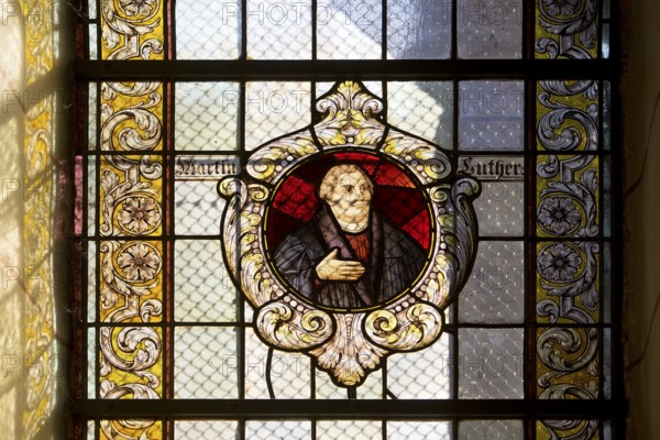 Stained glass window with Martin Luther in the Evangelical Lutheran Market Church of St Cosmas and Damian, Goslar, UNESCO World Heritage Site, Lower Saxony, Germany, Europe