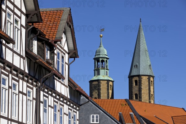The two unequal towers of the Protestant-Lutheran market church of St Cosmas and Damian in the old town, Goslar, UNESCO World Heritage Site, Lower Saxony, Germany, Europe
