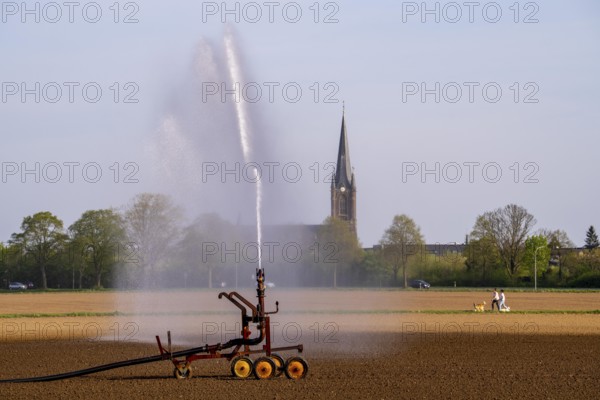 Artificial irrigation of a field, freshly sown, in April, with a sprinkler system, long drought in spring makes this necessary so that the young plants grow well, near Kerken, the church of St Peter and Paul in Aldekerk, Lower Rhine, North Rhine-Westphalia, Germany, Europe
